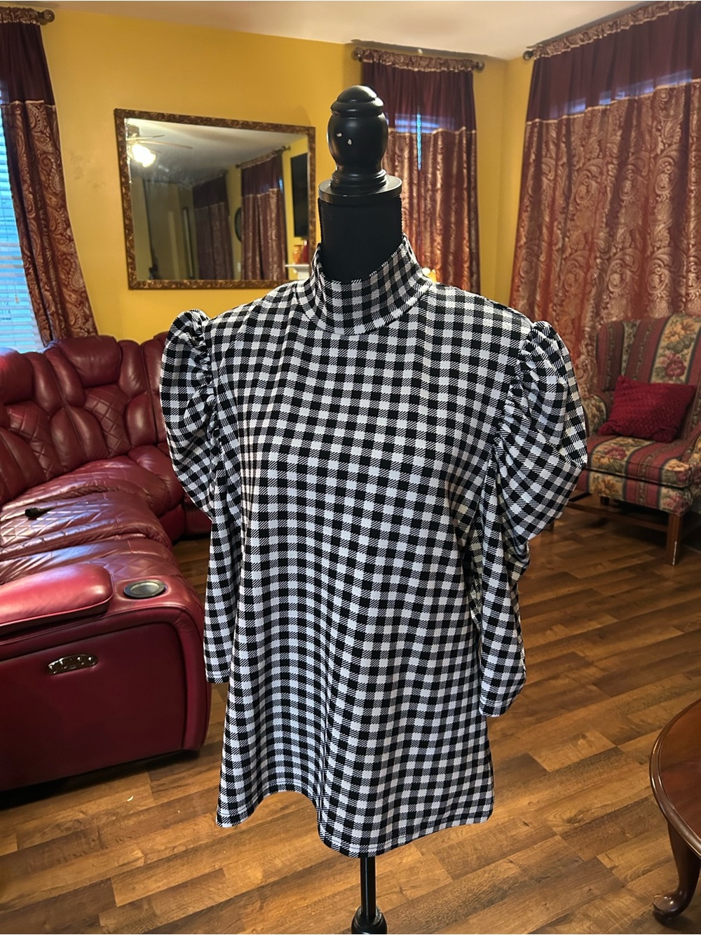 SHEIN Black & White Gingham Puff-Sleeve Mock Neck Blouse